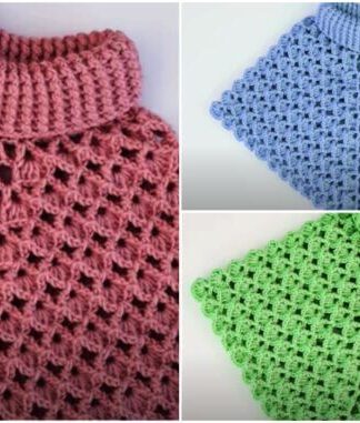 COLLAR PONCHO KNIT WITH Waffle KNIT PATTERN