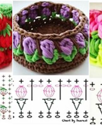 Baskets of flowers tulips berries crocheted from knitted